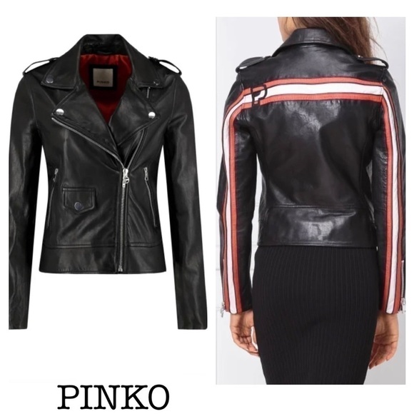 Pinko Jackets & Blazers - Pinko Ramones impavido Moto black leather red & white racing stripes size 10